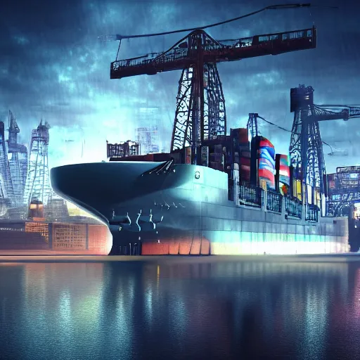 Image similar to photo of Immense industrial futuristic cargo ship arrives at cyber punk city sea port, cinematic lighting, photo