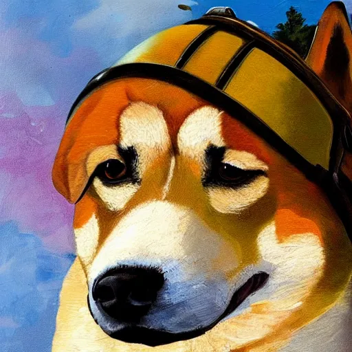 Prompt: A painting of a Shiba Inu dog wearing a soldier's helmet