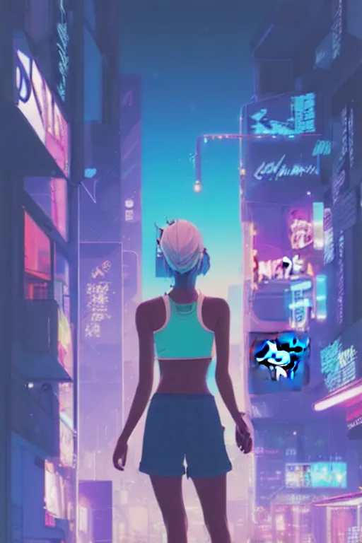 Prompt: digital illustration of cyberpunk pretty girl with blue hair, wearing a tank top and shorts, wearing nike air mags, full body pqkose, in city street at night, by makoto shinkai, ilya kuvshinov, lois van baarle, rossdraws, basquiat