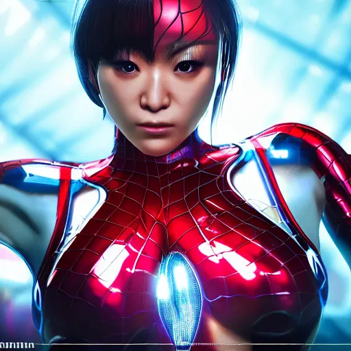 Image similar to Ayumi Hamasaki as spiderwoman terminator , muscle extremely detailed, fantastic details full face, mouth, trending on artstation, pixiv, cgsociety, hyperdetailed Unreal Engine 4k 8k ultra HD, WLOP