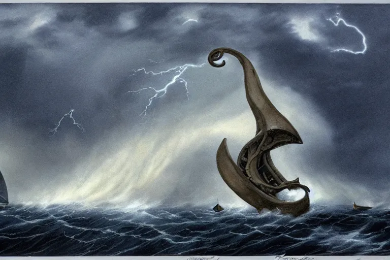 Image similar to giant kraken swallowing a sail boat, storm, lightning, rain, fantasy, horror