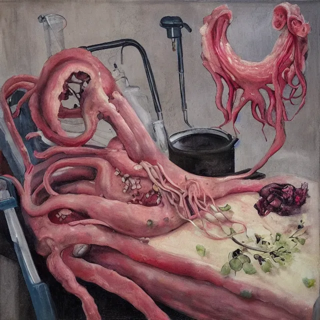 Prompt: raw pork, portrait of a female art student in a hospital bed, sensual, wilted flowers, squashed berry stains, octopus, scientific glassware, eating rotting fruit, oxygen tank, candlelight, neo - impressionist, surrealism, acrylic and spray paint and oilstick on canvas