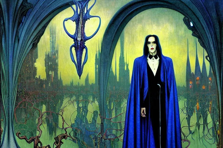 Image similar to realistic extremely detailed portrait painting of an elegantly creepy vampire man in a cape, futuristic sci-fi castle on background by Jean Delville, Amano, Yves Tanguy, Alphonse Mucha, Ernst Haeckel, Edward Robert Hughes, Roger Dean, rich moody colours, blue eyes