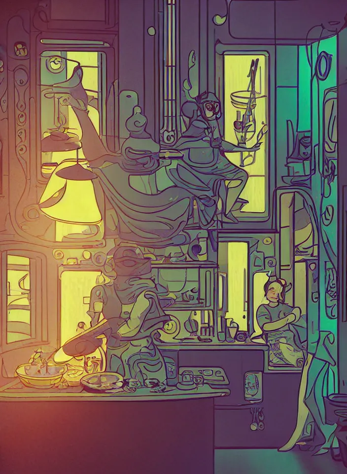 Image similar to telephoto 7 0 mm f / 2. 8 iso 2 0 0 photograph depicting the feeling of chrysalism in a cosy safe cluttered french sci - fi ( ( art nouveau ) ) cyberpunk apartment in a pastel dreamstate art cinema style. ( person cooking ) ( ( fish tank ) ), ambient light.