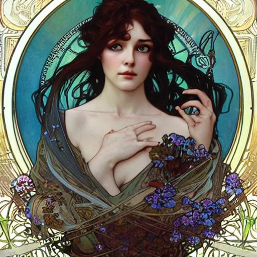 Prompt: realistic detailed face portrait of the Goddess Iris by Alphonse Mucha, Ayami Kojima, Amano, Charlie Bowater, Karol Bak, Greg Hildebrandt, Jean Delville, and Mark Brooks, Art Nouveau, Neo-Gothic, gothic, rich deep moody colors