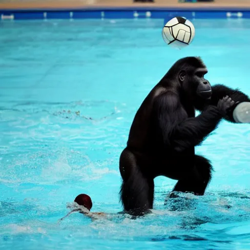 Image similar to back side photograph of a silverback gorilla throwing a ball to a water polo goalkeeper