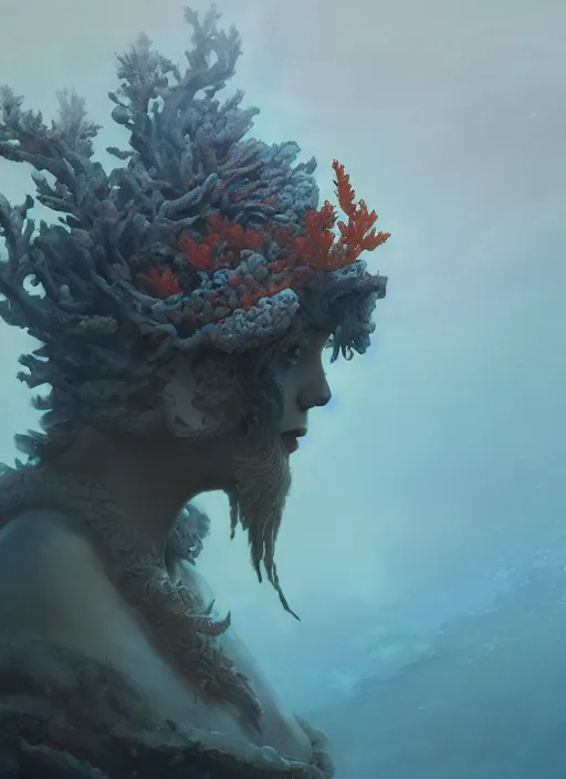 Image similar to Helmet of a forgotten Deity, corals, seaweed, halo, extremly detailed digital painting, in the style of Fenghua Zhong and Ruan Jia and jeremy lipking and Peter Mohrbacher, mystical colors, rim light, beautiful lighting, 8k, stunning scene, raytracing, octane, trending on artstation
