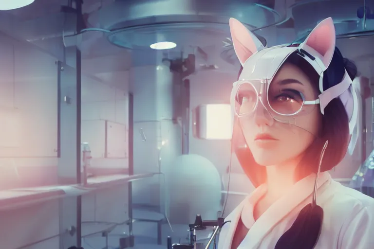 Image similar to woman with cat ears wearing a labcoat in a futuristic lab, cinematic, beautiful face, digital art, by wlop, by james gilleard, by conrad roset, by yoshitaka amano, sunlit, cozy, trending on artstation, octane render, matter art, close up shot