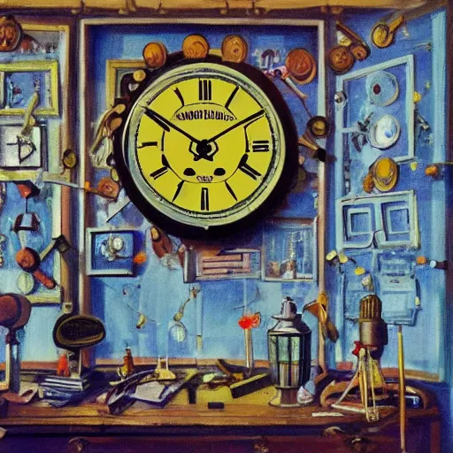 Image similar to A strange room full of clocks that has been used for testing new. inventions and features a flower crown, painting by Bob Ross