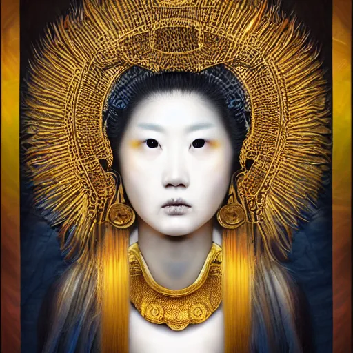 Image similar to hyper realistic portrait photo of ameterasu the sun goddess of japan, portrait shot, intricate detail