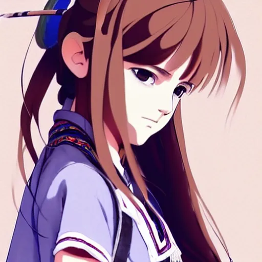 Image similar to a beautiful! boyish! emma watson alluring instagram model, wearing japanese hiphop school girl outfit with mayan pattern and native style, aztec street fashion, botw style, gapmoe yandere grimdark, trending on pixiv fanbox, painted by greg rutkowski makoto shinkai takashi takeuchi studio ghibli, akihiko yoshida