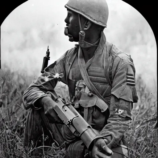 Prompt: Sargent Lincoln Osiris as a soldier in Vietnam, award winning historical photograph