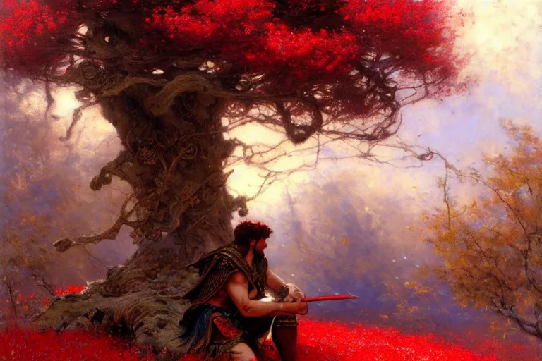 Image similar to a male warrior relaxing under a huge tree with red flowers, god ray, ground covered with snow, extreme long shot, fantasy, painting by gaston bussiere, craig mullins, j. c. leyendecker, trending on artstation