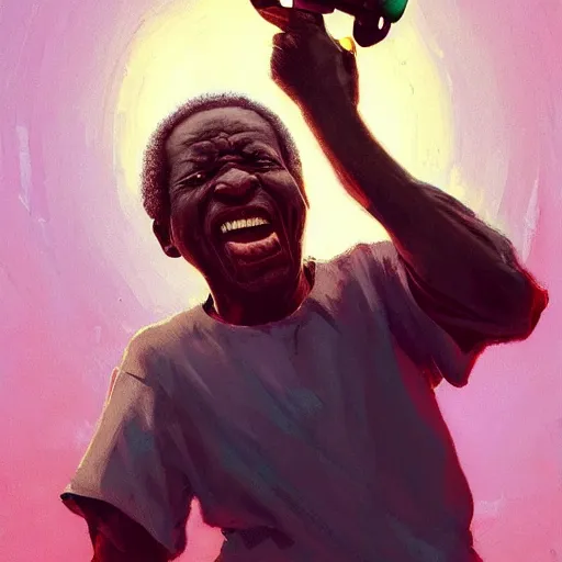 Prompt: An old african man raging and screaming and Television, holding a controller. Nice rimlight. By ilya kuvshinov, krenz cushart, Greg Rutkowski, trending on artstation. Sharp highlights, amazing textured brush strokes, accurate shape, cinematic soft, 8k, VFX, dramatic lighting, psychedelic colouring