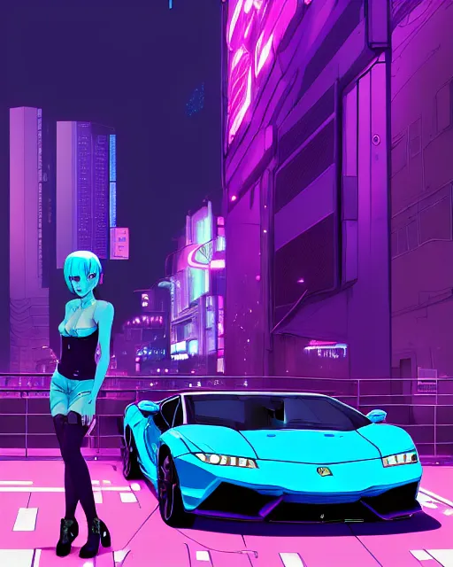 Image similar to digital illustration of cyberpunk pretty girl with blue hair, standing in front of a purple lamborghini, in city street at night, by makoto shinkai, ilya kuvshinov, lois van baarle, rossdraws, basquiat