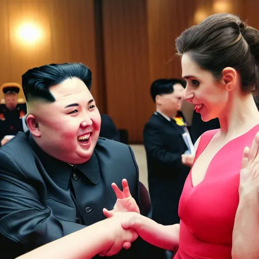 Image similar to close up shot of alison brie engaging peace talks with kim jong un. photography, photographic