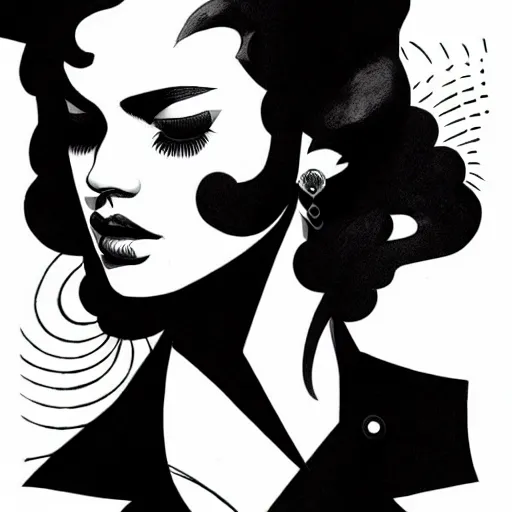 Image similar to black and white silhouette feminine spanish woman portrait alina ivanchenko style logo, ink drawing, art by jc leyendecker and sachin teng