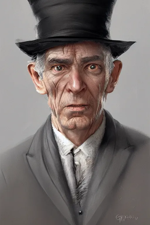 Prompt: a grey hair ageing halfling with stubble top hat and suit by Greg Rutkowski, painting, HD, high details, trending on artstation