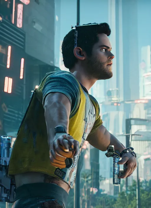 Prompt: film still of Dylan O'Brien as Kerry Eurodyne in Cyberpunk 2077, gameplay, 8k, HD