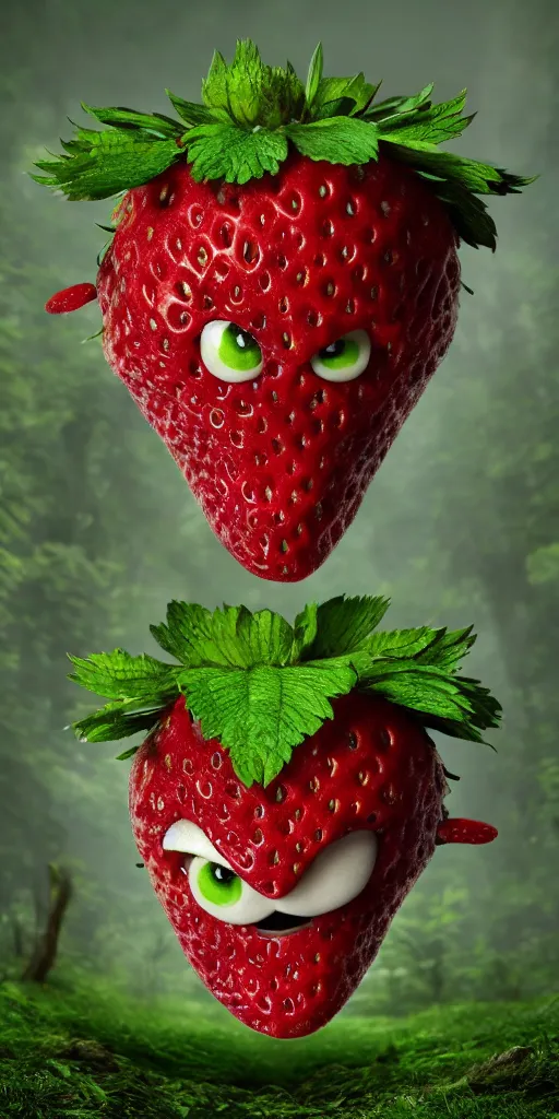Prompt: a smiling strawberry with purple eyes, surrounded by a green forrest, moody , lovecraft, giger, ridley scott, zack snyder, Fenghua Zhong, realistic cinematic lighting, establishing action shot, ultra detailed, hyper realism, photo, octane render