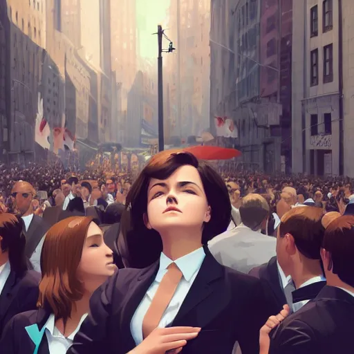 Image similar to cute beautiful girl with angel wings in suit crying in the Wall Street in the middle of the crowd, elegant, 2d, ultra highly detailed, digital painting, smooth, sharp focus, artstation, pixiv, art by Ilya Kuvshinov