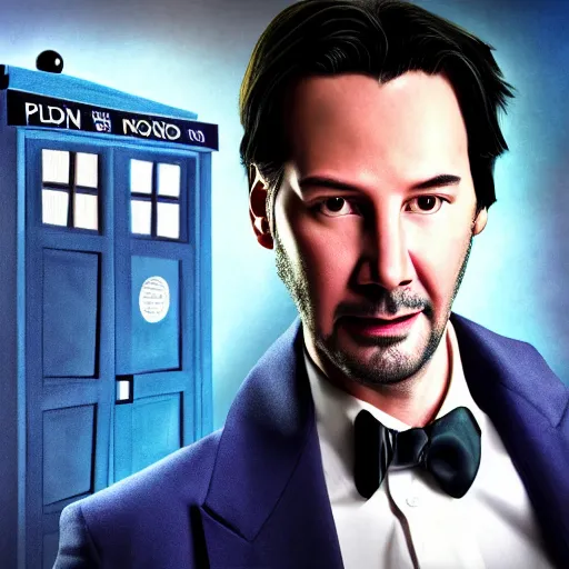 Image similar to portrait of Keanu reeves as 10th Doctor Who in the TARDIS, Photo, High details, 8k