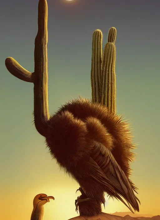 Prompt: A dodo bird perched atop a Saguaro cactus in the desert, full body, digital art, trending on Artstation, high detail, sharp focus, illustration, art by artgerm and greg rutkowski and alphonse mucha.