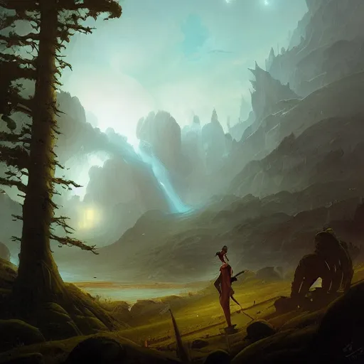 Image similar to A Landscape by Peter Mohrbacher and Caspar David Friedrich