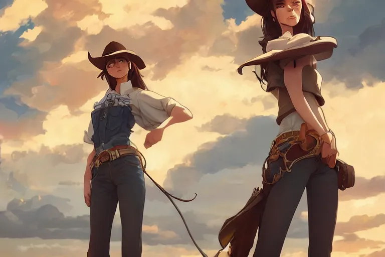 Image similar to single subject digital art of a western cowgirl western girlfriend, scenic full shot, ambient lighting, detailed face, by makoto shinkai, stanley artgerm lau, wlop, rossdraws