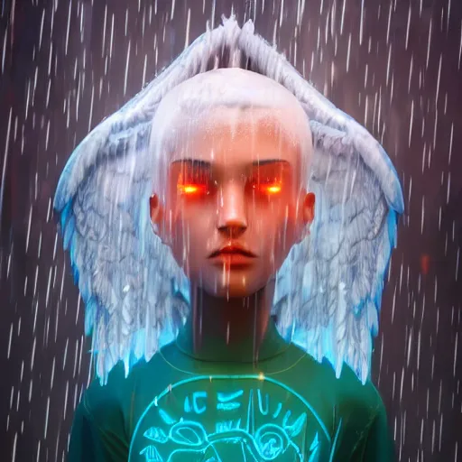 Image similar to angel spirit guide, cartoon portrait made out of rain, realistic, highly detailed, neon, rendered in octane, unreal engine, beautiful, trending on artstation,