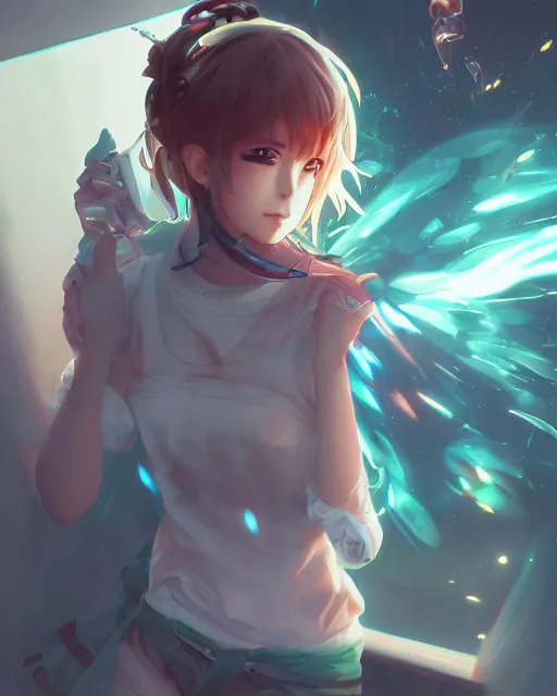 Image similar to illustration of an anime girl being mind controlled, by artgerm and wlop and greg rutkowski, digital art, extreme detail, realistic lighting, cinematic composition, concept art, sharp focus, colorful, photorealistic, 8 k