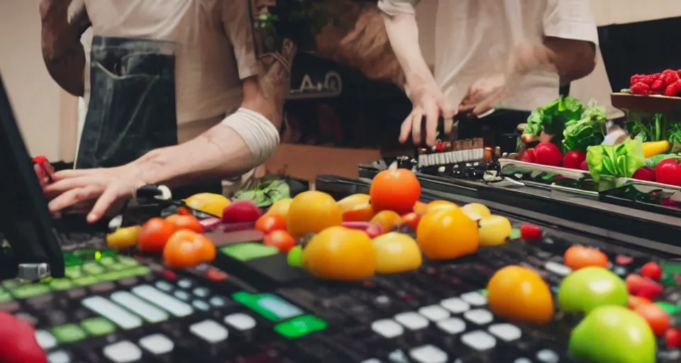 Image similar to film still of fresh fruits and vegetables making beats in the studio on an mpc