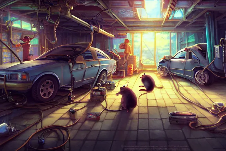 Prompt: rats fixing cars in the garage, key visual, a fantasy digital painting by makoto shinkai and james gurney, trending on artstation, highly detailed