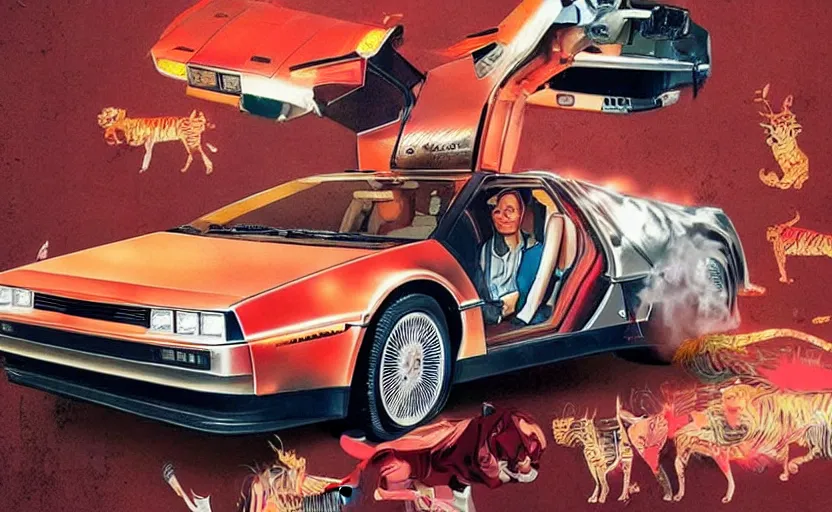 Image similar to a red delorean with a yellow tiger, art by hsiao - ron cheng & shinya edaki in a magazine collage style, # de 9 5 f 0