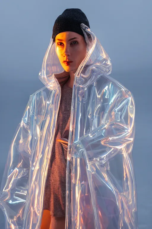 Image similar to an ultra high definition professional high fashion portrait studio full length photograph of a model wearing a transparent pearlescent raincoat and neon visor in an icelandic black rock environment at dawn. no artefacts. extremely detailed. stark. refraction. shallow depth of field. volumetric light and shadow. ray tracing. light rays.