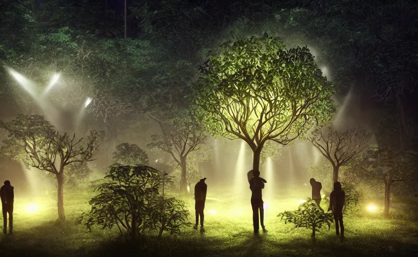 Image similar to a beautiful render of a tree with human heads as fruits in rainforest, big flashlight lighting, intricate detail, hazy, humid, volumetric lighting, god rays, 8 k, photorealistic, raytracing effects, unreal engine 5, terrorific, suspense