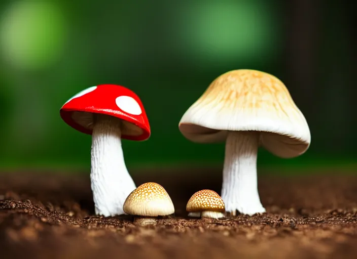 Image similar to a a cute creature sitting next to a mushroom, realistic, very detailed, complex, intricate, studio lighting, superres sharpening, bokeh, sigma 5 0 mm f 1. 4