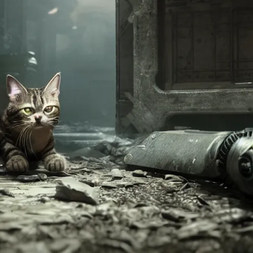 Image similar to lil bub the cat in Gears of War, splash art, movie still, cinematic lighting, dramatic, octane render, long lens, shallow depth of field, bokeh, anamorphic lens flare, 8k, hyper detailed, 35mm film grain