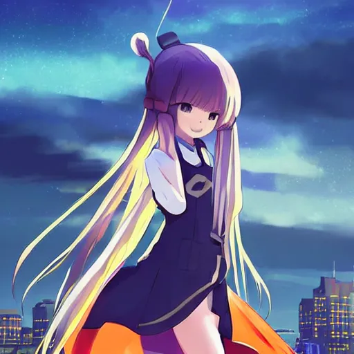 Image similar to Astonishing Pixiv 8K Splash art of an Anime Key Visual Pinterest loli with blond hair and cute pigtails who wears a blue coat with a hood and black shorts when practicing parkour through a big modern city in twilight from Unsplash. She does a superhero pose against a cinematic dark scene of an HDR sunset with faint orange light in Studio Ghibli style. Amazing piece Trending on Artstation and DeviantArt, dynamic lighting,