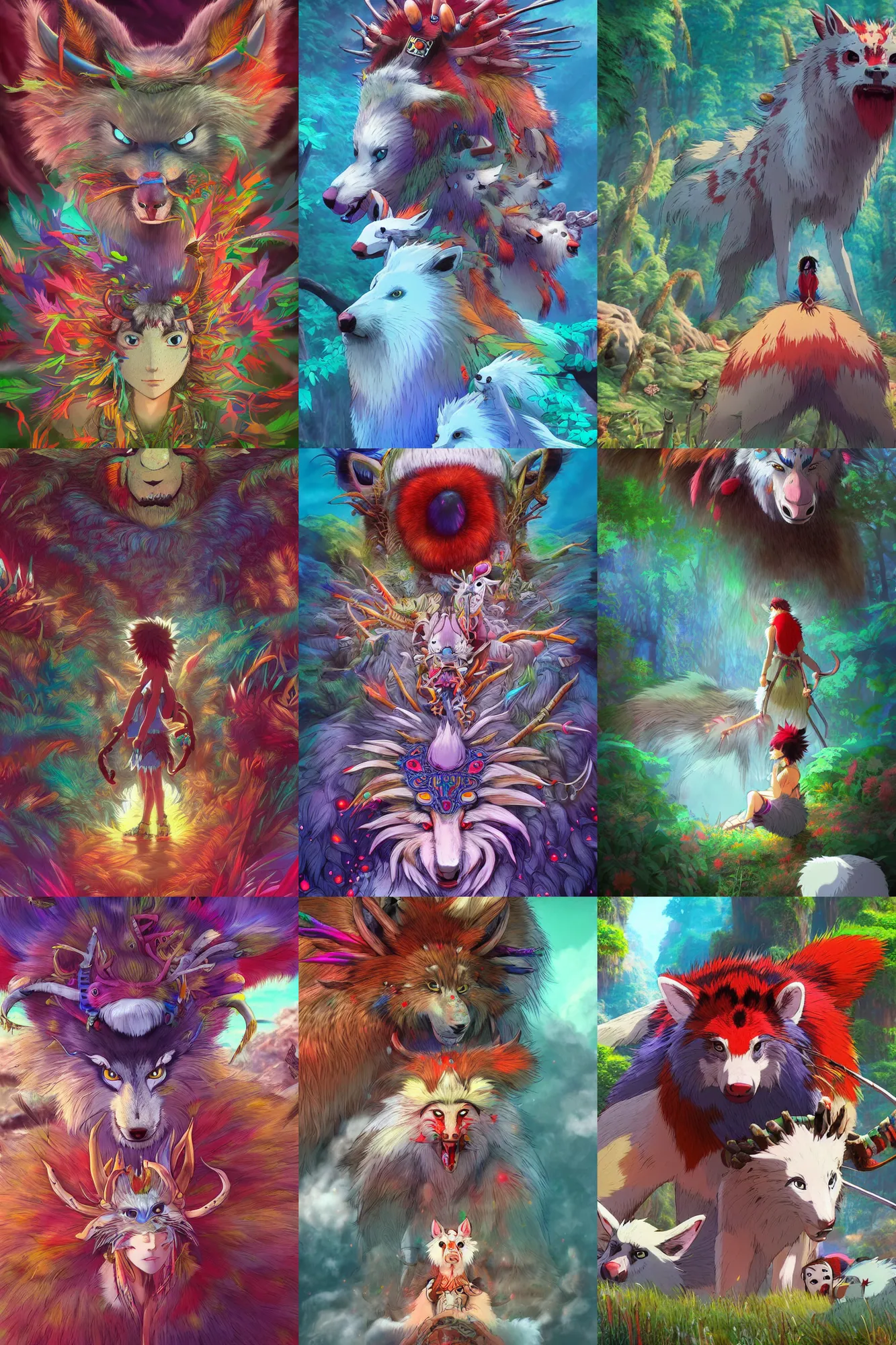 Prompt: a colorful vibrant 3 d render game graphics unreal engine of princess mononoke from studio ghibli, intricately detailed, detailed fur, tribal psychedelic, colorful flat surreal design, hd, 8 k, artstation