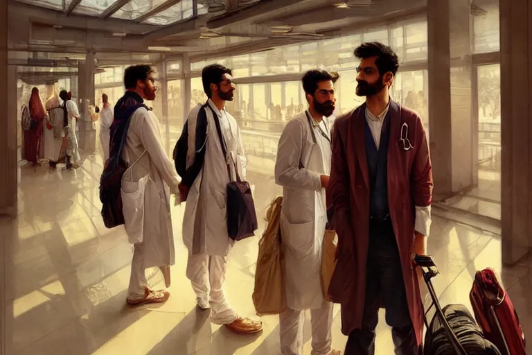 Prompt: Anxious good looking pale young Indian doctors wearing American clothes chatting at the airport, portrait, elegant, intricate, digital painting, artstation, concept art, smooth, sharp focus, illustration, art by artgerm and greg rutkowski and alphonse mucha