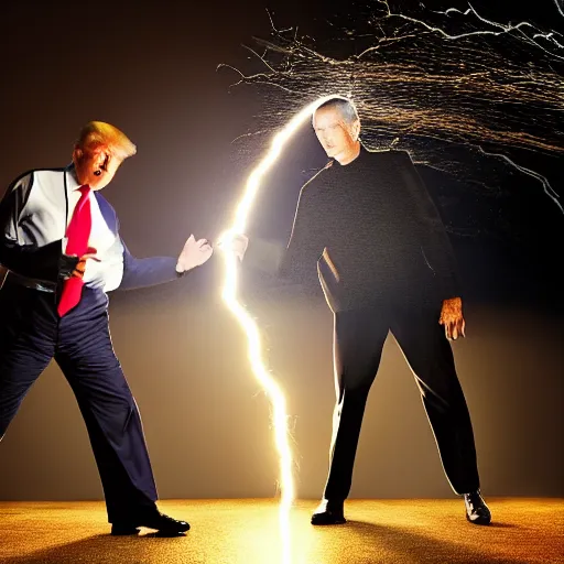 Image similar to donald trump and mike pence lightning battle, dark background, dramatic, award - winning,