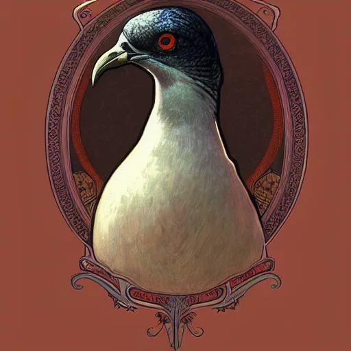 Image similar to Portrait of anthropomorphic Pigeon. Beautiful digital art by Greg Rutkowski and Alphonse Mucha. pigeon head