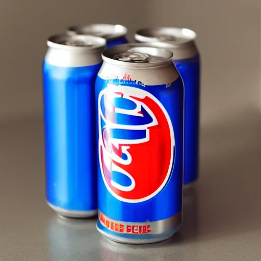 Prompt: Pepsi in a blue can red liquid ice cold