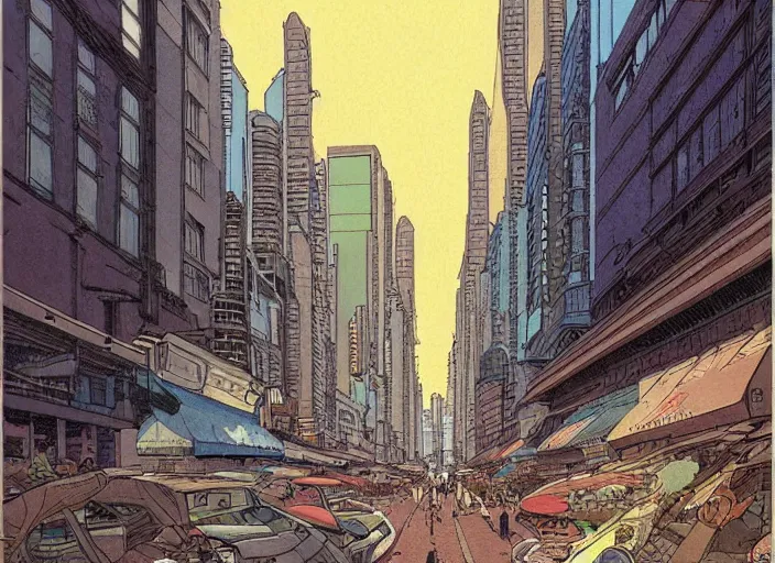 Image similar to close up view of a bustling city street on an alien planet by moebius, earth and pastel colors, dramatic perspective
