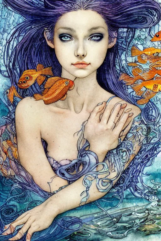 Image similar to mermaid face closeup surrounded by goldfish, art by luis royo and walter crane and kay nielsen, watercolor illustration, ultra sharp focus