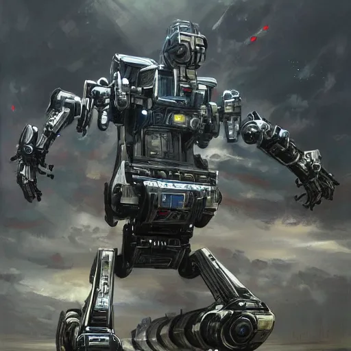 Prompt: epic painting of a realistic four - legged intricate battle robot, rule of thirds, subject in center of frame, detailed science fiction artwork, trending on artstation