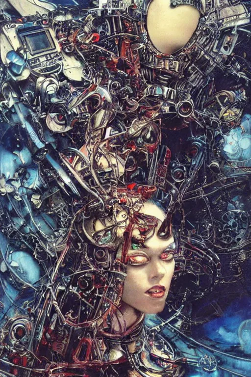 Prompt: the robot is just like me when i see a slice of cake. inside a brutalist space ship by ayami kojima, amano, karol bak, greg hildebrandt, and mark brooks, hauntingly surreal, gothic, rich deep colors.