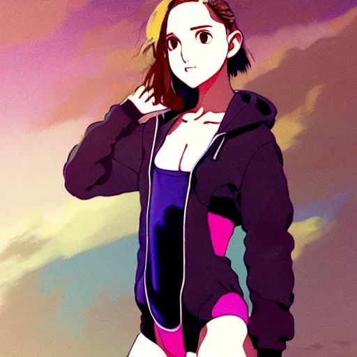 Image similar to a beautiful! boyish! natalie portman alluring gravure! model, wearing oversized mayan bomber jacket and leotard with overalls, bulky poofy bomber jacket with mayan patterns, gapmoe yandere grimdark, trending on pixiv fanbox, painted by greg rutkowski makoto shinkai takashi takeuchi studio ghibli, akihiko yoshida