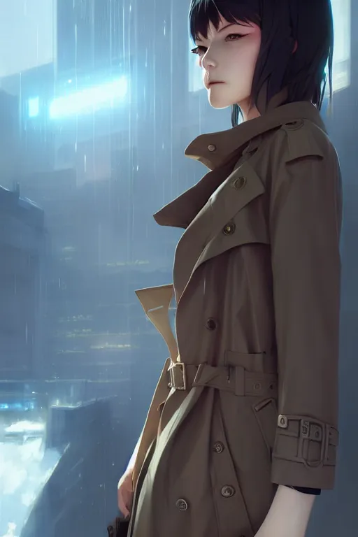 Image similar to realistic render of a cyborg - girl wearing a long trench coat by wlop, futuristic dystopian city by ilya kuvshinov, digital anime art by ross tran, composition by sana takeda, lighting by greg rutkowski